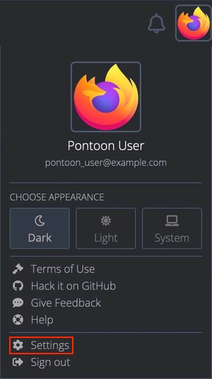 User menu with profile settings